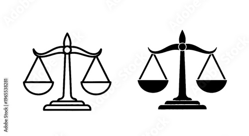 Vector illustration of set of scales of justice icons, legal balance symbols on a transparent background