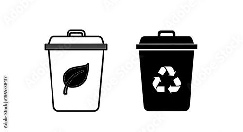 Vector illustration of set of two trash cans with organic waste and recycling symbols on a transparent background