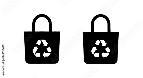 Vector illustration of two black tote bags with recycling symbols on a transparent background