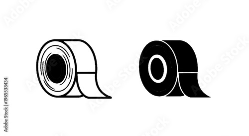 Vector illustration of set of two tape roll icons, outline and solid black style on a transparent background