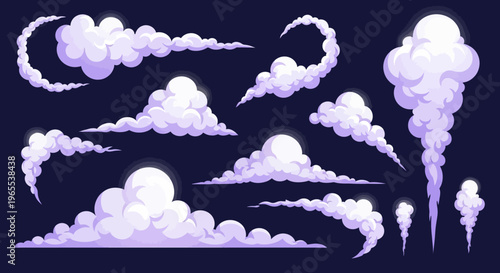 Set of Cartoon Smoke and Cloud Vector Illustrations, Purple Stylized Steam and Puff Effects for Game Assets, Animation, and Creative Design