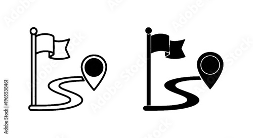 Vector illustration of set of flag and map pin icons with path representing a journey or goal on a transparent background