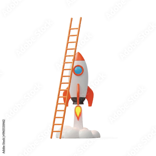 Rocket Launch Preparations: A Bright Rocket Beside a Tall Ladder.