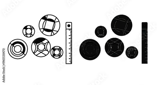 Vector illustration of set of various circular geometric patterns and a measuring ruler icon on a transparent background