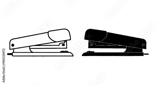 Vector illustration of two staplers, one outline and one silhouette, on a transparent background