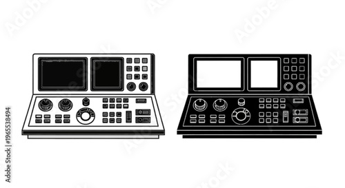 Vector illustration of control panel with screens and buttons for industrial machinery or equipment on a transparent background