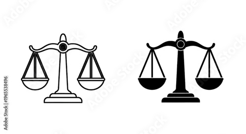 Vector illustration of set of two scales of justice icons, outline and silhouette style on a transparent background