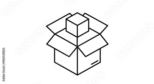 Simple isometric outline vector graphic design illustrating a small cube being placed inside an open shipping cardboard delivery package for logistics concepts.
