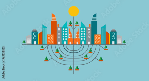 Modern City Skyline Menorah Concept Illustration for Hanukkah Jewish Festival of Lights