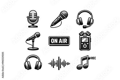 Collection of audio recording and broadcasting equipment icons in black and white