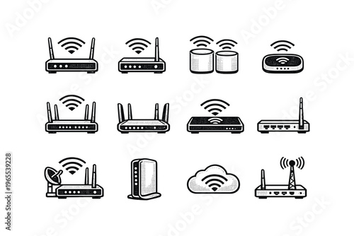 Collection of diverse wireless router and network device icons on a white background