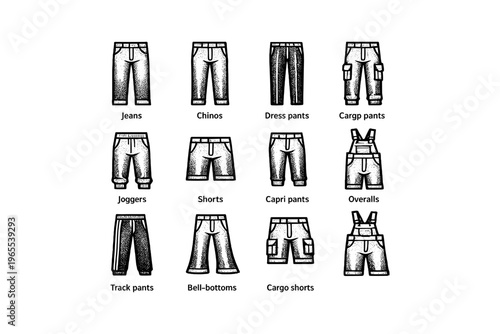 Collection of illustrated pants and shorts styles for men and women