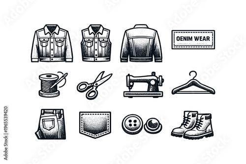Collection of denim wear icons and sewing tools for fashion design