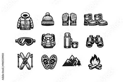 Collection of winter outdoor adventure and camping equipment icons
