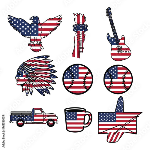 Patriotic american symbols and objects with usa flag patterns