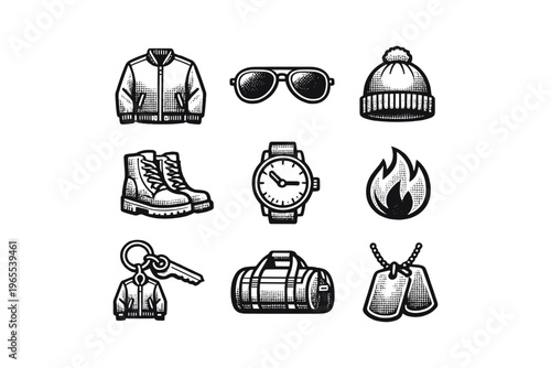 Collection of masculine accessories and clothing icons in a vintage style