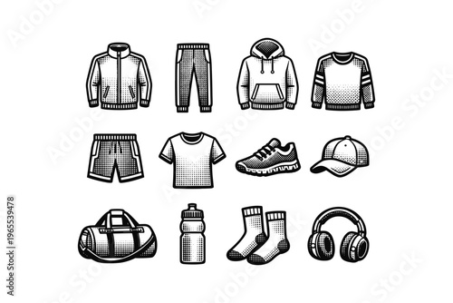 Collection of athletic apparel and accessories in a clean, graphic style