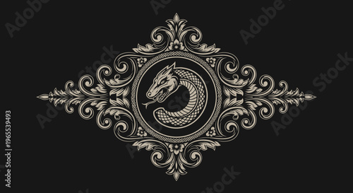 Vintage Dragon Emblem with Ornate Baroque Filigree and Floral Scrollwork Engraving Illustration for Heraldic Luxury Branding