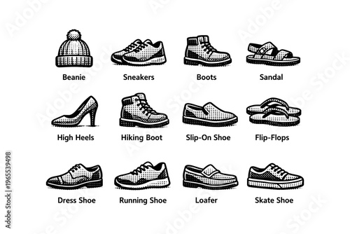 Collection of footwear and headwear icons in a clean, illustrative style