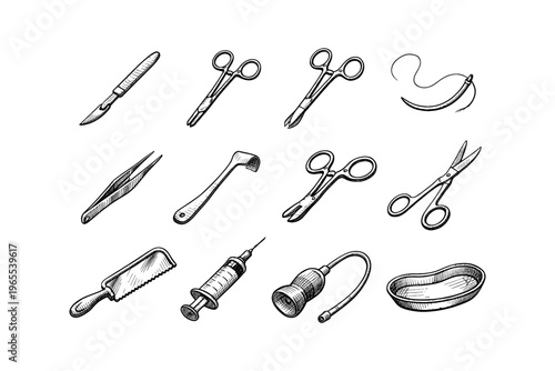 Collection of vintage medical surgical instruments hand-drawn illustration