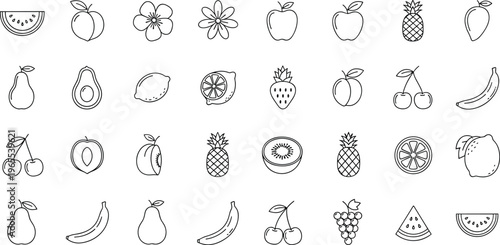 Fruit outline icon set with apple banana pineapple cherry avocado citrus and tropical fruits thin line vector illustration collection