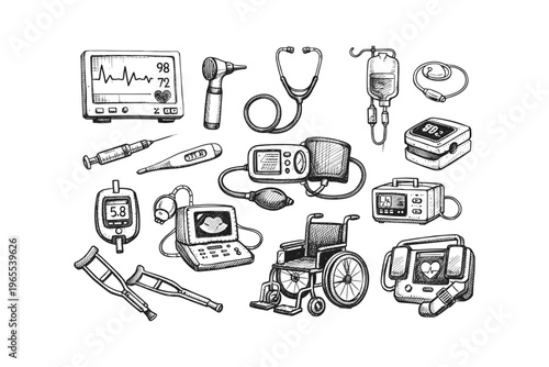 Collection of medical equipment and devices hand-drawn in sketch style