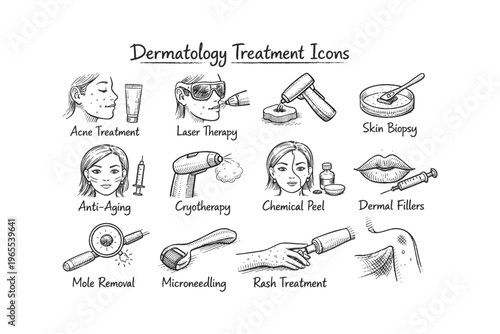 Hand-drawn icons illustrating various dermatology and cosmetic treatments for skin health