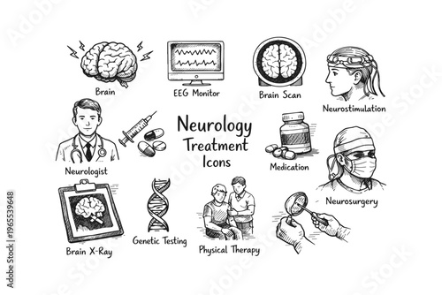 Collection of hand-drawn icons representing neurology treatments and medical concepts