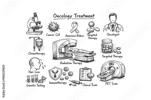 Oncology treatment methods and medical research illustrated with hand-drawn icons