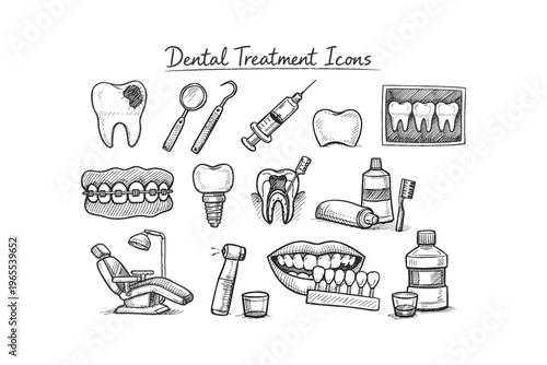 Hand-drawn dental treatment icons and equipment for oral hygiene and care