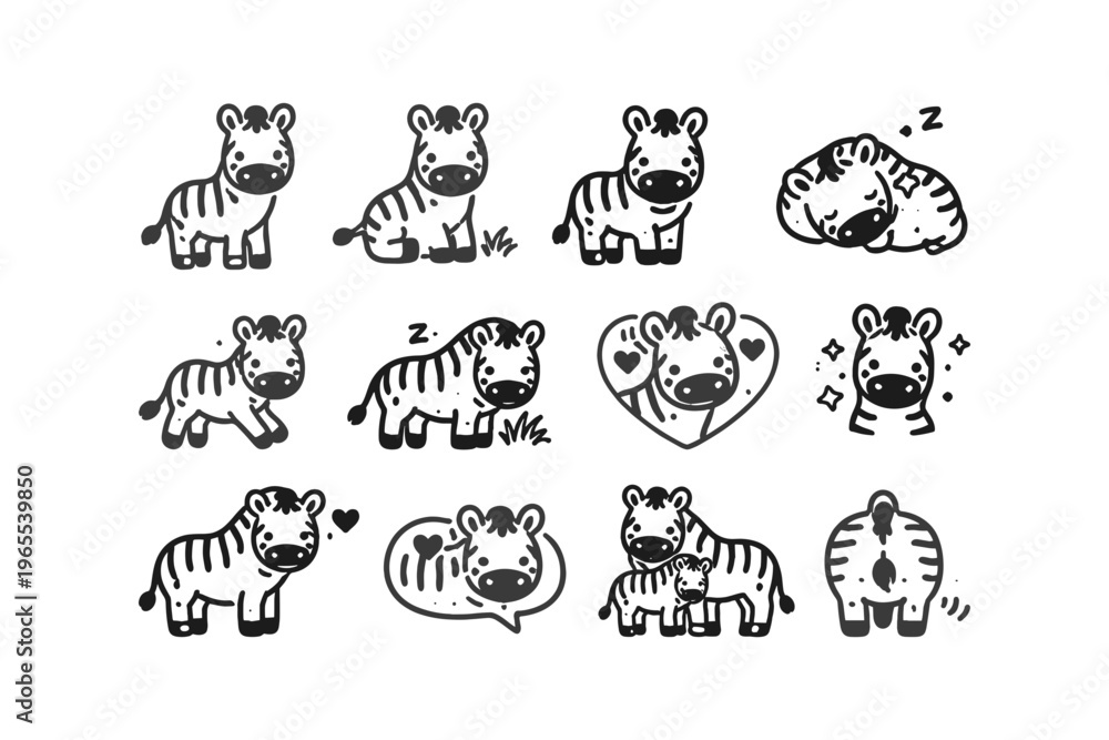 Naklejka premium Cute cartoon zebra illustrations in various adorable poses and expressions
