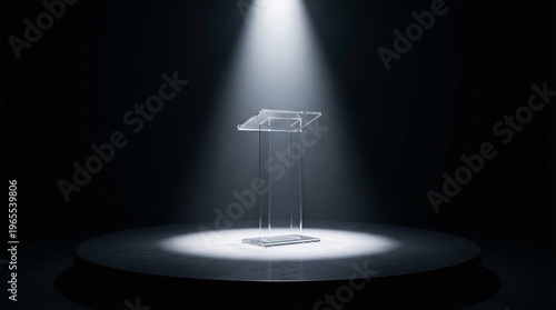 Perfectly empty circular stage presenting contemporary presentation lecterns crafted from solid block acrylic beneath intense spotlights.