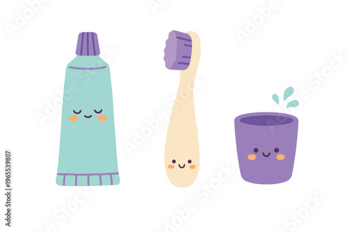 Kawaii Dental Care Set, Cute Toothpaste, Toothbrush, and Mouthwash Cup Character Flat Vector Illustration