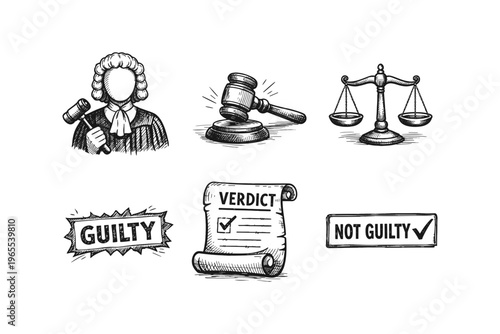 Legal icons depicting justice, judgment, and court proceedings with a judge and gavel