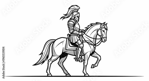 Medieval Knight in Full Armor Riding a Horse Illustration - Black and White Vector Graphic of a Warrior on Horseback