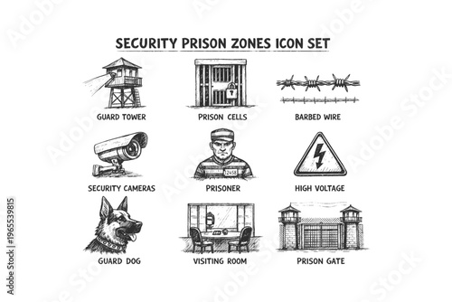 Collection of hand-drawn prison security icons and elements for design
