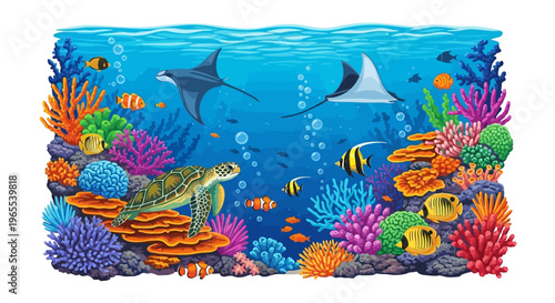 Vibrant Coral Reef Underwater World Illustration with Sea Turtle, Manta Rays, and Colorful Tropical Fish