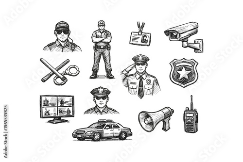 Collection of hand-drawn security and law enforcement icons and symbols