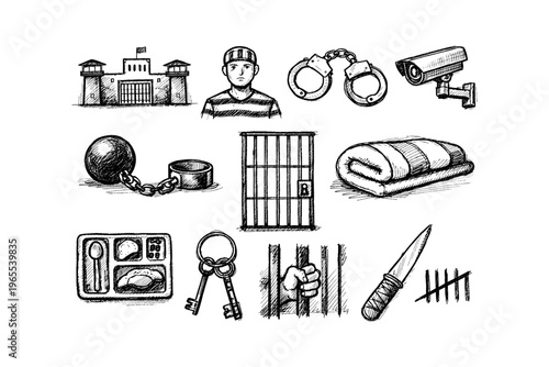 Collection of prison and crime related icons in a sketchy hand-drawn style