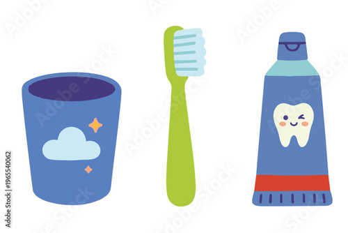 Kawaii Dental Care Set Vector, Cute Blue Rinse Cup, Green Toothbrush, and Toothpaste Character with Tooth Icon
