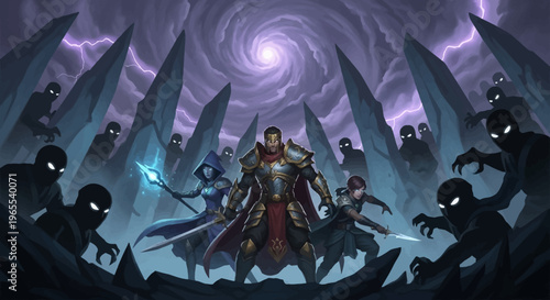 Fotografia Fantasy Adventurer Party Battling Shadow Monsters in a Stormy Magical Realm with