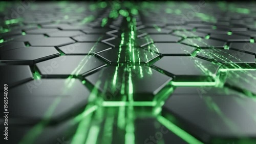 A futuristic, abstract hexagonal grid with glowing green energy flowing through the gaps, creating a sense of advanced technology and digital data