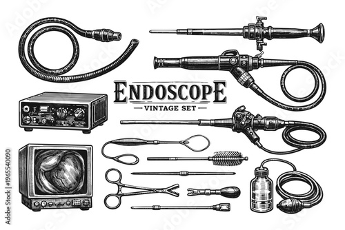 Vintage endoscope set with monitor and medical instruments in detailed engraving style