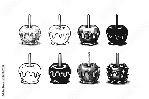 Collection of candy apples in various artistic styles and retro pixel art