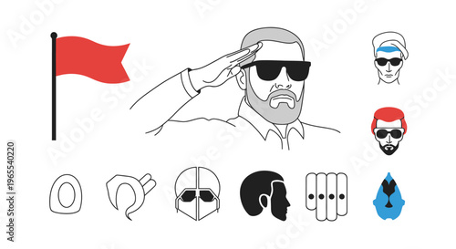 Military Salute Illustration - Bearded Man in Sunglasses with Red Flag and Icon Set - Minimalist Vector Line Art for Security and Gaming Avatars