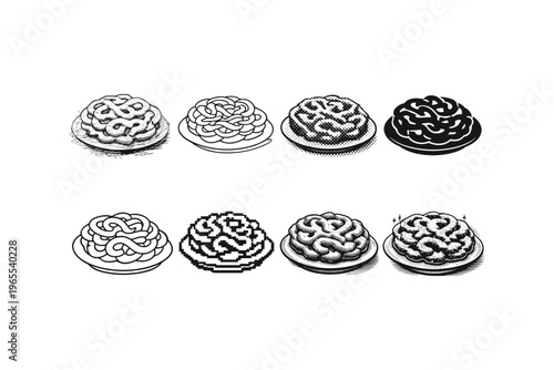 Collection of stylized brains on plates, representing different artistic styles