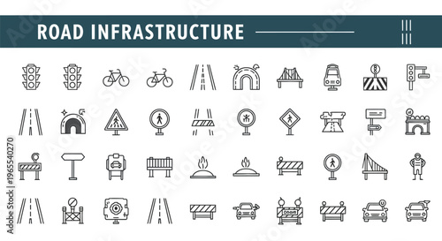 Road infrastructure icons traffic signals signs and transportation elements