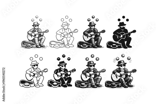 Street musician juggles balls while playing guitar in various artistic styles