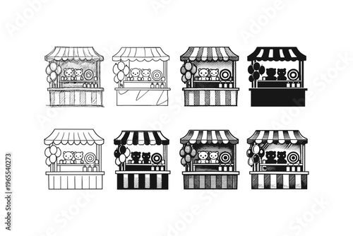 Collection of carnival game booths with teddy bear prizes and balloons