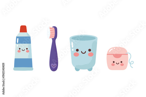 Kawaii Dental Hygiene Set, Cute Toothpaste, Toothbrush, Mouthwash Cup, and Dental Floss Character Illustration